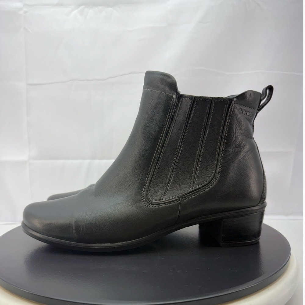 Ecco Pearl Black Leather Ankle Boots Womens Sz 8-8.5 Slip On Block Heel Booties